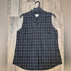 Van Heusen Sleeveless Top Plaid Career Casual Blouse‎ Black White M 064